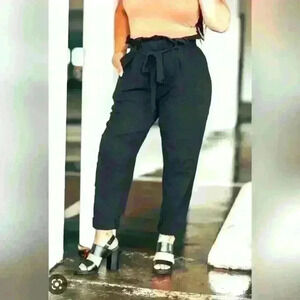 URBANOLOGY BLACK PAPERBAG WIDE  LEG PANTS